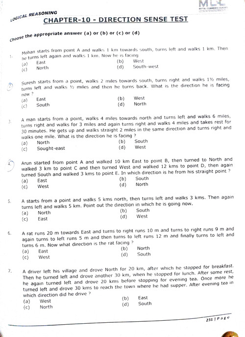 Direction sense test CA Foundation MCQ practice questions 