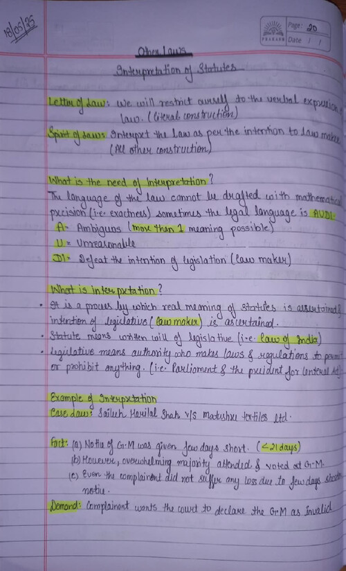 Handwritten detailed notes of Interpretation of Law