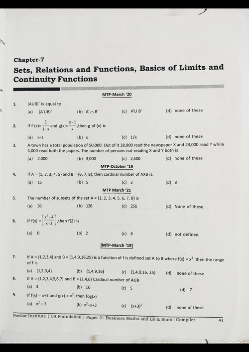 QA sets, relations and functions, basics of limits and continuity functions past year mtps practice questions with answer key 
