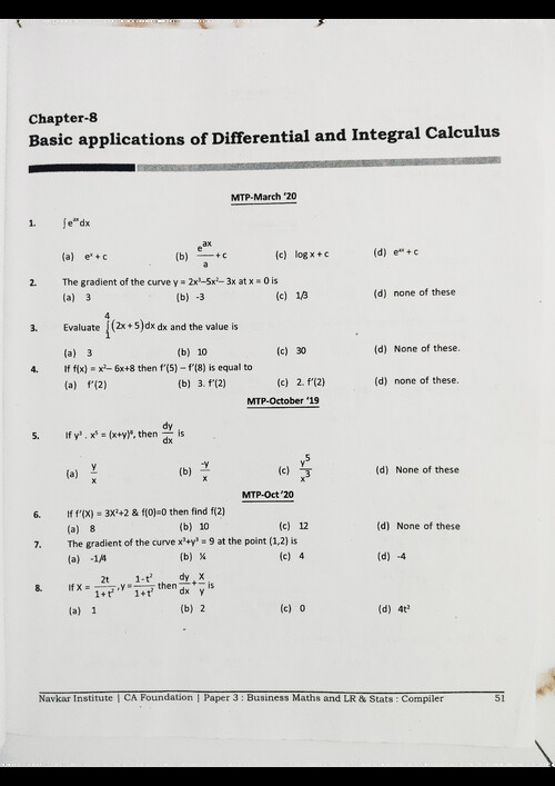 QA basics of differential and integral calculus past year mtps practice questions with answer key 