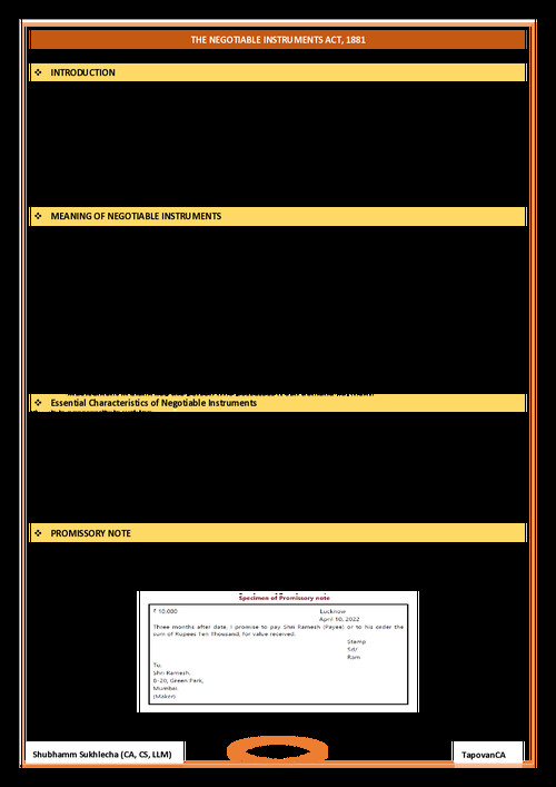 Negotiable Instrument act short notes 