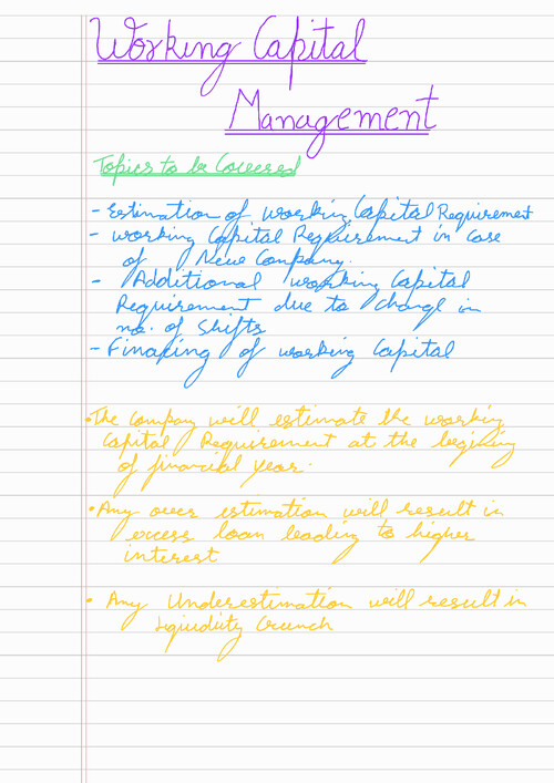 handwritten Notes of working Capital management / Summary Nates