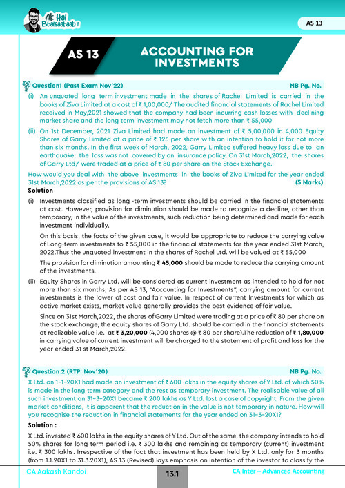 AS 13: Accounting for Investments all important questions by CA Aakash Kandoi Sir.