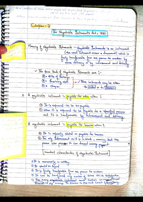 Negotiable instrument act, notes (handwritten) business law.