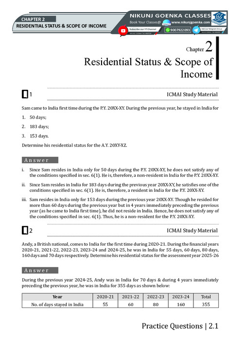 Best question for practice residential status and scope of income 