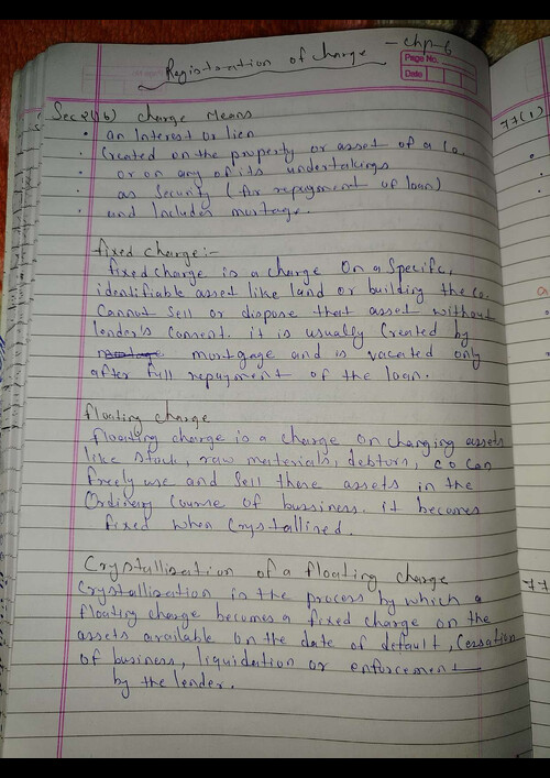 Registration of charges handwriting notes 