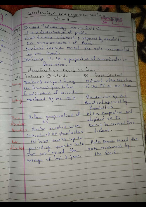Declaration and payment of dividend Handwriting notes 