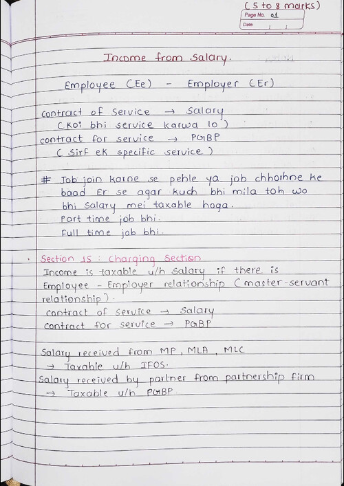 Income from Salaries Handwritten notes by BB Sir for May 26.