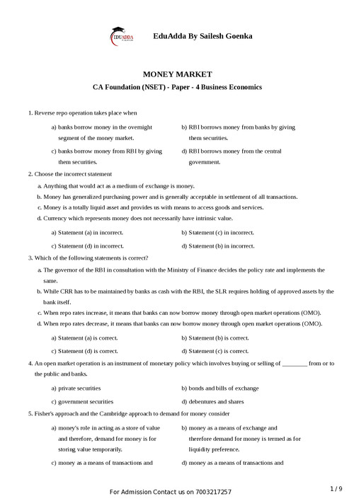 Money Market ( imp mcqs)
