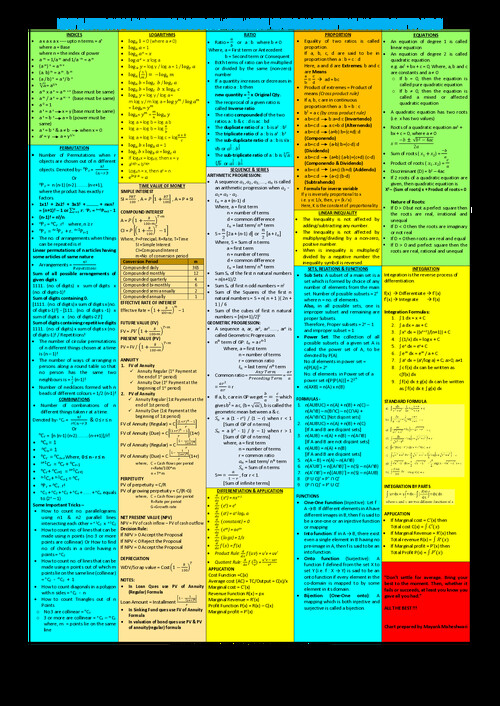 CA FOUNDATION QUANTITATIVE APTITUDE
FORMULAS& IMPORTANT POINTS 