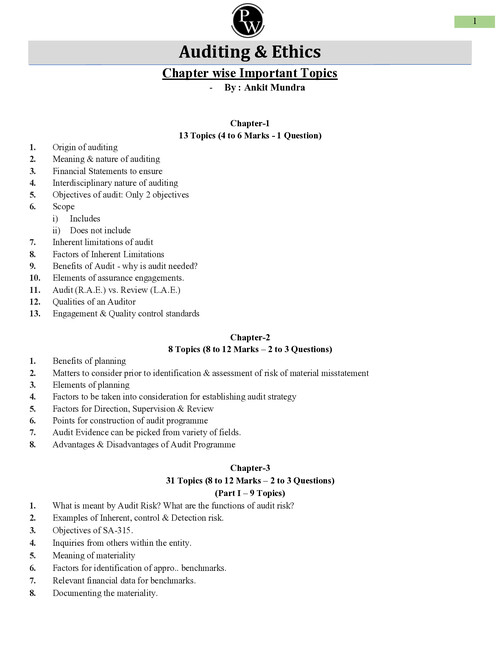 Audit Chapter wise Important Topics - PW WALLAH 