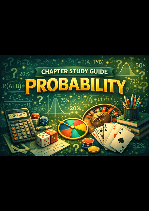 Probability Chapter Study Guide covering key concepts like basic probability rules, events, theorems, Bayes' theorem, and solved examples with dice, cards, and coins.