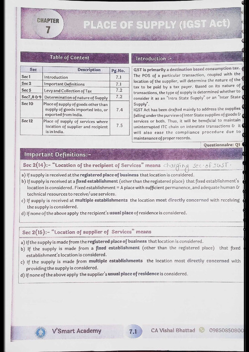 GST CHP 7 Place of Supply concept book by CA Vishal Bhattad sir for May 26 and onwards.
