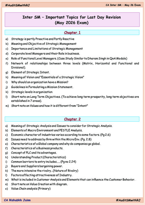 #Exclusive   #CA Rishabh Jain Sir's  

#SM - List of important Topics for May 26 Exams
