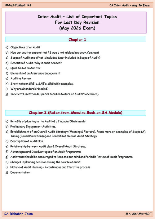 #Exclusive   #CA Rishabh Jain Sir's  
#Auditing & Ethics - List of important Topics for May 26 Exams