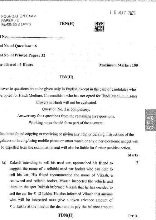 CA Foundation Business Laws May 2026 Question Paper.. Follow for more