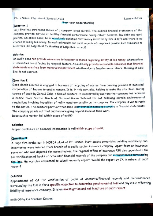 #Auditing & Ethics    #CA Shubham Keswani Sir's 

#Question Bank   #Sep 2026 & Jan 2027 Exams 

# Chapter 1 :- Nature, Objective & Scope of Audit 